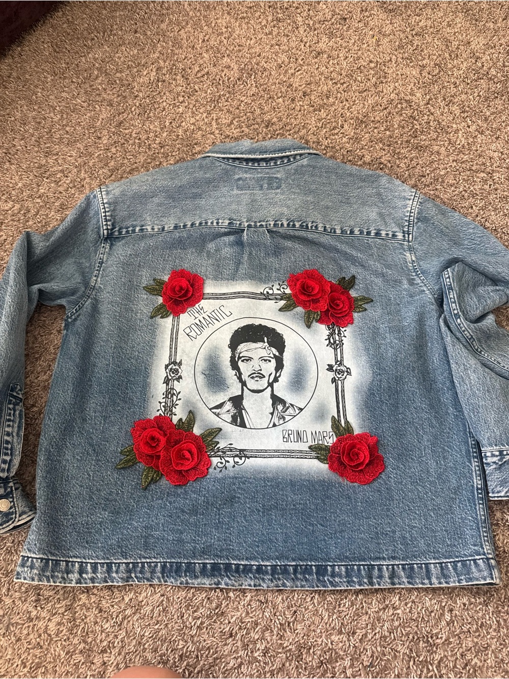 Bruno Mars the romantic tour Denim Jacket with Red Rose Embroidered Patch DTF